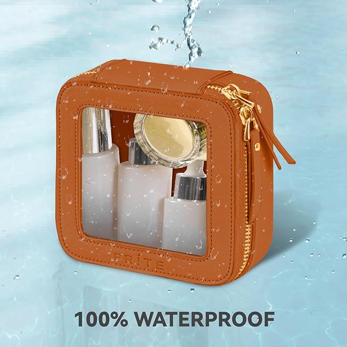 Prite Small Makeup Bag for Women Portable Clear Makeup Bag Cute Mini Waterproof Travel Cosmetic Bag with Gold Zipper for Car Essentials(Brown)