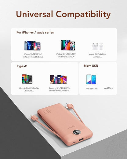 VEGER Portable Charger for iPhone Built in Cables and Wall Plug, 10000mah Slim Fast Charging USB C Power Bank, Travel Essential Battery Pack Compatible with iPhones, iPad, Samsung(Dark Pink)