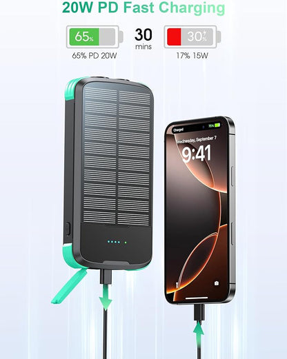 Solar Charger Power Bank, PD 20W Fast Charging External Batter, 40000mAh Portable Phone Charger Built in 4 Cables with Dual Bright Flashlights for Camping, Hiking, and Outdoor Use（Green）