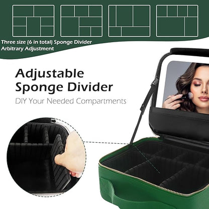 MOMIRA Travel Makeup Bag Cosmetic Bag Makeup Organizer Bag with Lighted Mirror, Adjustable Brightness in 3 Color Scenarios, Waterproof Makeup Train Case, Gift for Women - Emerald green