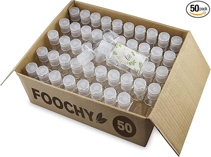 FOOCHY 2oz Empty Hand Sanitizer Travel Size Bottles, Refillable Clear Plastic Containers with Flip Cap for Shampoo, Lotion, Cream, Baby Shower, Tolitery (50 Pack)