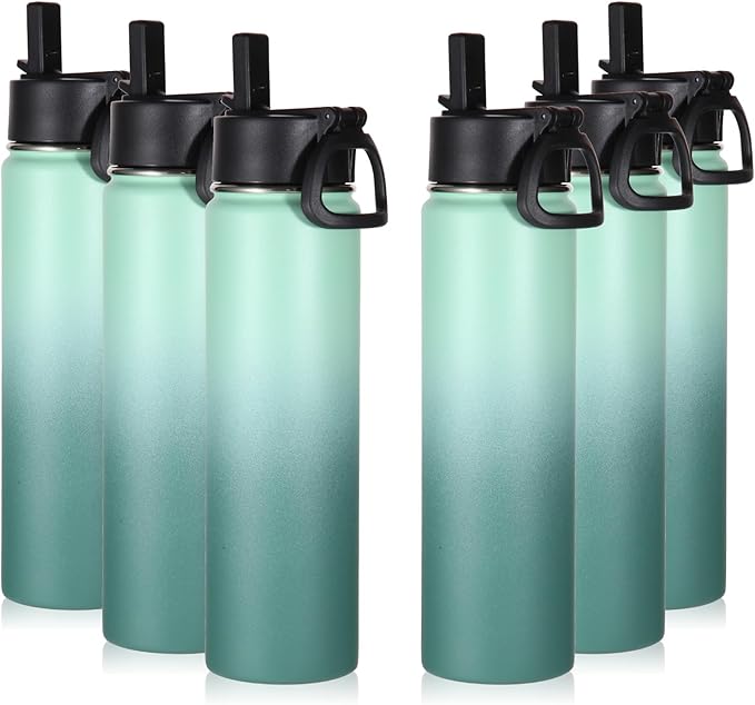 Volhoply 24oz Insulated Water Bottle With Straw Bulk 6 Pack,Metal Wide Mouth Water Bottles With Handle Lid Keep Cold,Reusable Double Wall Cups,Powder Coated Sport Bottle For Holder(Mojito,6 Count)
