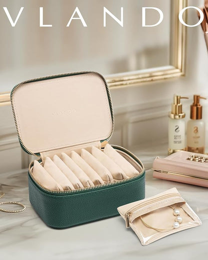 Vlando Jewelry Box with 8 Velvet Jewelry Bags Travel Jewelry Storage Box Petal Hardware Jewelry Organizer for Necklace Rings Earrings Women Gifts for Christmas Birthday-Green