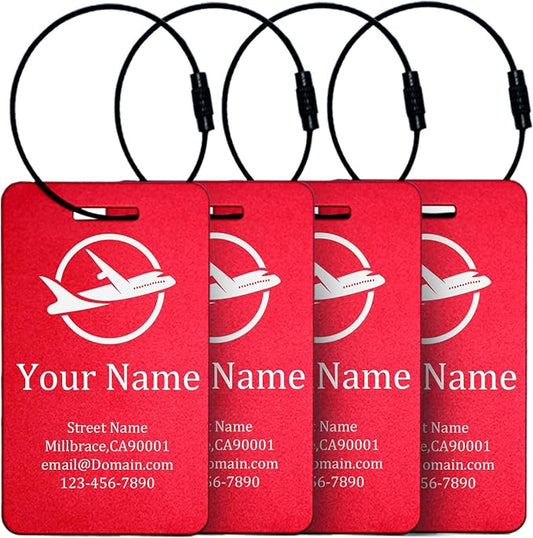 Luggage Tags for suitcases Tags Pack of 4 Personalized Luggage Tags Double Sided Laser Engraving Metal Luggage Tag and Stainless Loops Customizable Luggage Tag Cruise Luggage tag (Red, Large)