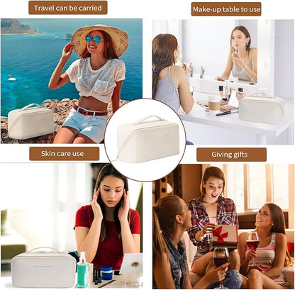 3 Pcs Travel Makeup Bag Portable Large Capacity Cosmetic Bags for Women Open Flat Makeup Case Organizer Bag Set of 3 Waterproof PU Leather Toiletry Bags with Divider and Handle (White, Medium)