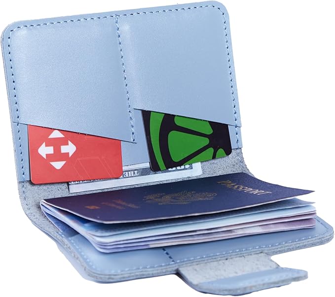 Travel Passport Wallet - Leather Passport Cover Compatible with Airtag Passports Cover with Card Slots & Note Compartment, Magnetic Closure, Genuine Leather, Classic Light Blue