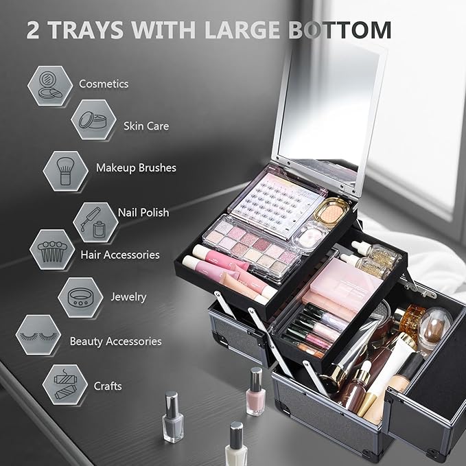 Joligrace Makeup Train Case Makeup Case Organizer Portable Cosmetic Box Storage with 2 Trays Mirror Locking with Keys Make Up Travel Case Nail Kits Traveling Makeup Box Iron Grey