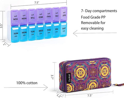 Weekly Pill Organizer 2 Times a Day, Zumd Pill Box 7 Day with Cute Quilted Fabric Zipper Case, Travel Pill Case Am Pm for Vitamin Medicine Organizer