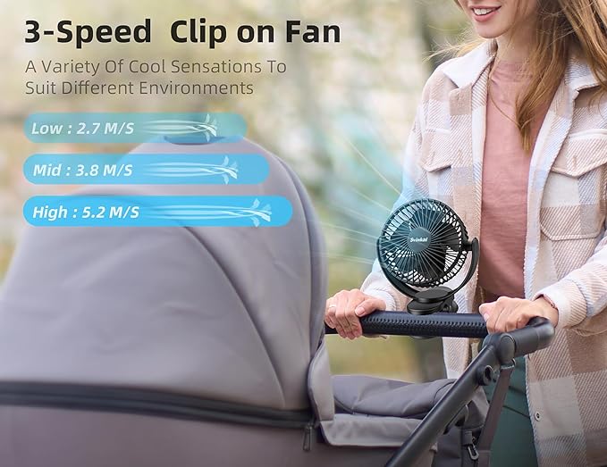 USB Personal Clip on Fan 5000mAh Battery Operated 6in, Type C, 3 Speed, 720° adjustment, Small Portable Fan for Table, Bedroom, Desk, dormitory, Camping, Stroller, Golf Cart