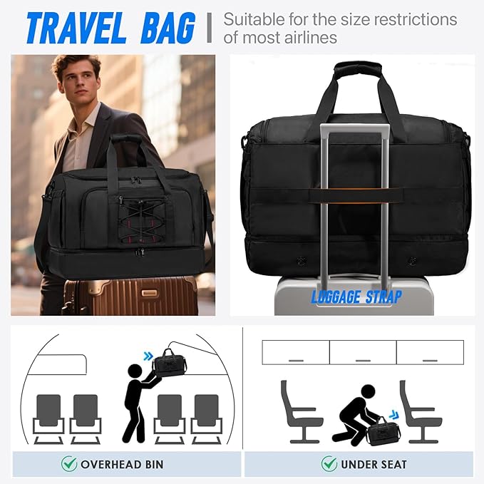 Travel Bag for Men Women, Duffle Bag & Gym Bag with Shoe Compartment, Weekender Overnight Bag with Toiletry Bag and Carry on Bags for Travel, Flight Airplane, Fit Trip, Gym, Yoga, Black