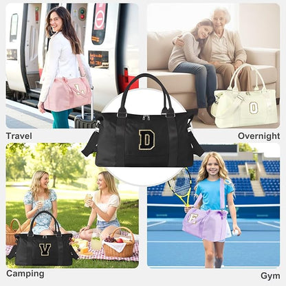 Dance Gym Duffel Bag for Teen Girls, Personalized Initial Travel Weekender Bag,Cute Overnight Carry On Duffle for Women,Sports Travel Cheer Bag,Monogram Christmas Gifts for Tween Preppy(black-D)