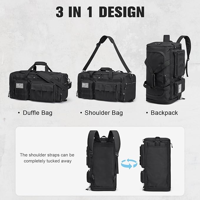 G4Free 3-in-1 Duffle Bag for Travel, Large Gym Duffle Backpack for Men Women with Shoes Compartment and Wet Pocket, Black