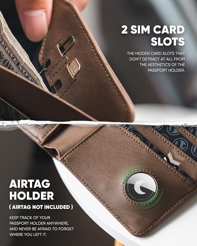 VULKIT Passport Holder with Airtag Holder RFID Blocking Passport Wallet Travel Leather Passport for Women(Espresso)