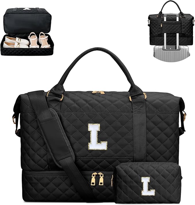 Gifts for Women Initial Travel Duffle Bag Quilted Weekender Carry-On Overnight with Cosmetic Bag, Gym Bag with Shoe Compartment Hospital Bag for Labor Delivery, Black L