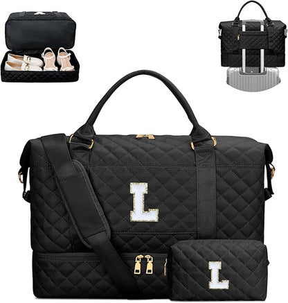 Gifts for Women Initial Travel Duffle Bag Quilted Weekender Carry-On Overnight with Cosmetic Bag, Gym Bag with Shoe Compartment Hospital Bag for Labor Delivery, Black L