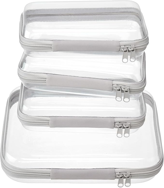 4 pcs Clear Zipper Pouches,Hard Shell Zipper Case, Toiletry Bag for Travel, CLear Diaper Bag, Toiletry Pouch, Travel Organizer, Clear Cosmetic Bag,Toy Storage Bins (M+3S) (Gray)