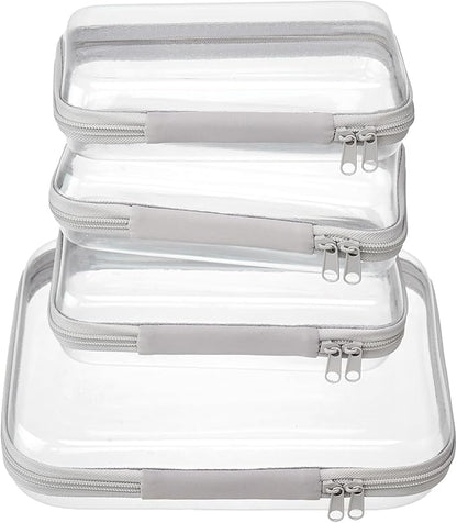 4 pcs Clear Zipper Pouches,Hard Shell Zipper Case, Toiletry Bag for Travel, CLear Diaper Bag, Toiletry Pouch, Travel Organizer, Clear Cosmetic Bag,Toy Storage Bins (M+3S) (Gray)