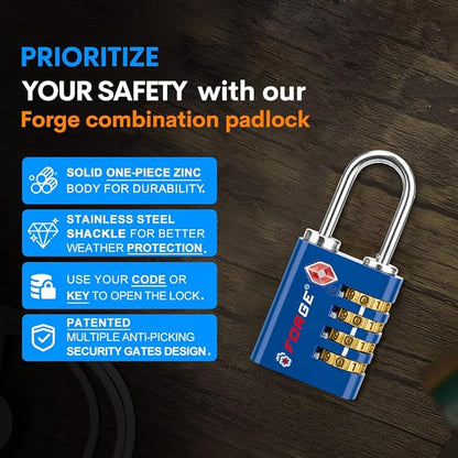 Forge Dual-Opening: Key or Combination Access Lock, TSA Approved Locks for Luggage, Pelican case, Travel, Gym, School, Stainless Steel Shackle. (Blue 2 Pk)