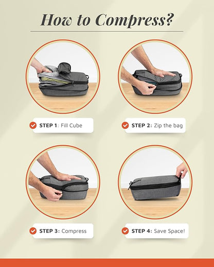 Compression Packing Cubes for Travel by TRIPPED – 6-Piece Premium Set with Laundry & Shoe Bag, Space Saving Travel Organizer Bags for Suitcase & Carry-On Luggage (Grey)