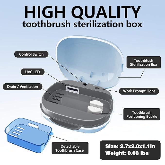 Toothbrush Covers Case San itizer with Light,Toothbrush Covers with Holder, Rechargeable Portable Toothbrush Cleaner Case（Blue）