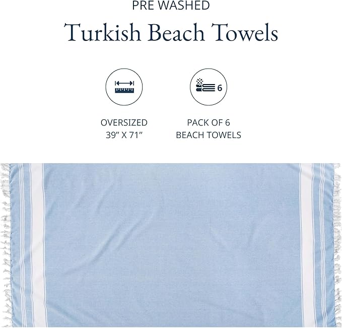 LANE LINEN Turkish Beach Towels for Women, Set of 6 - Large 39"x71", Pre-Washed, No-Shrink, Sand-Free, Quick Dry, Lightweight, Soft Beach Bath Towels - Vintage Beach