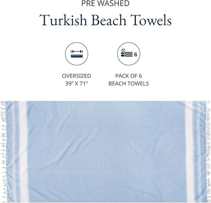 LANE LINEN Turkish Beach Towels for Women, Set of 6 - Large 39"x71", Pre-Washed, No-Shrink, Sand-Free, Quick Dry, Lightweight, Soft Beach Bath Towels - Vintage Beach
