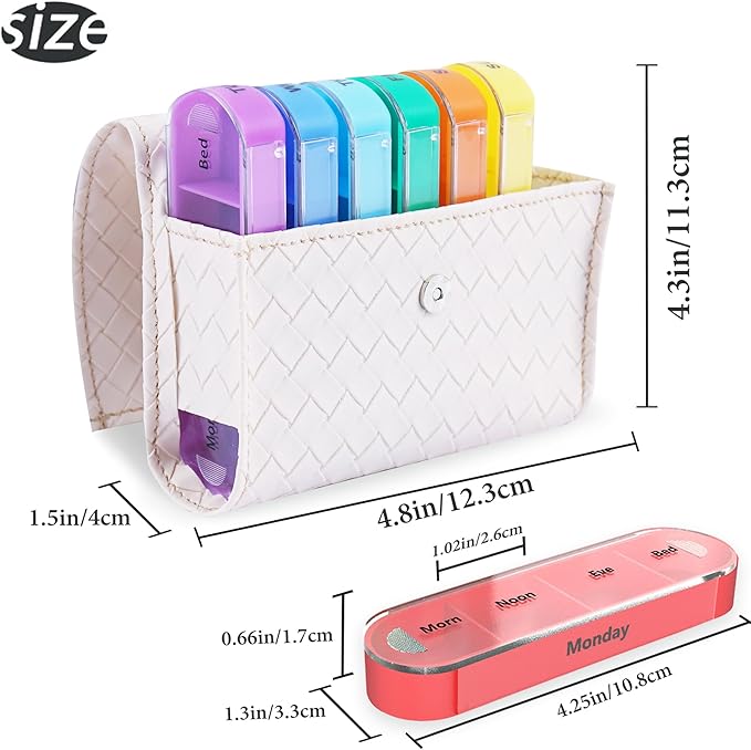 Pill Organizer,LIZIMANDU Weekly Travel Pill Case Box Medication Reminder Daily AM PM, Day Night 7 Compartments,for 4 Times A Day, 7 Days a Week-Includes Leather PU Carrying Case(1-Weave White)
