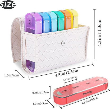 Pill Organizer,LIZIMANDU Weekly Travel Pill Case Box Medication Reminder Daily AM PM, Day Night 7 Compartments,for 4 Times A Day, 7 Days a Week-Includes Leather PU Carrying Case(1-Weave White)