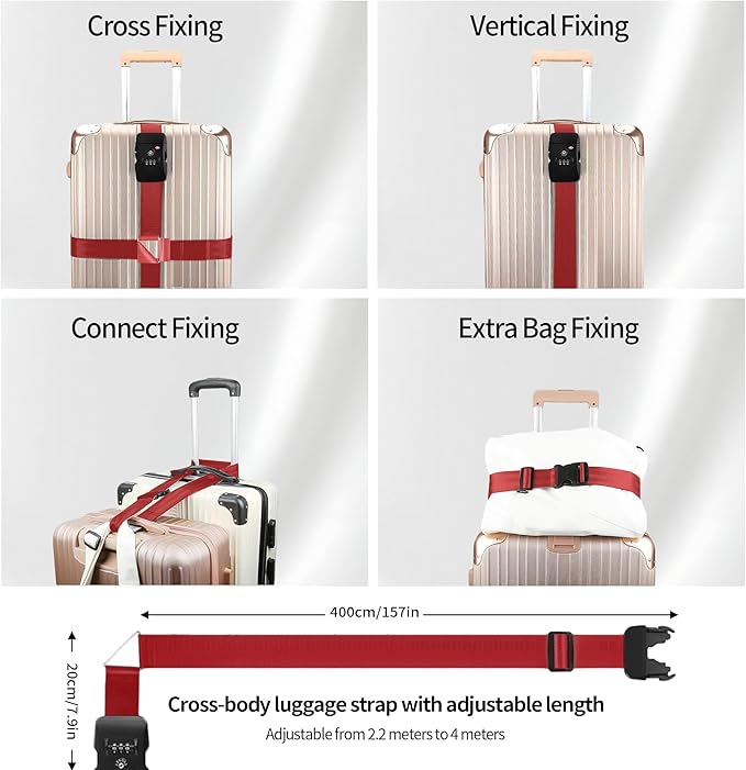Luggage Straps, Wine-Red TSA-Approved Cross-Design Luggage Strap Belt with Customs Lock for Suitcases, 1-Pack Adjustable Heavy-Duty Cross Suitcase Straps with Name Tags for Travel and Carry-On Bags