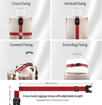Luggage Straps, Wine-Red TSA-Approved Cross-Design Luggage Strap Belt with Customs Lock for Suitcases, 1-Pack Adjustable Heavy-Duty Cross Suitcase Straps with Name Tags for Travel and Carry-On Bags