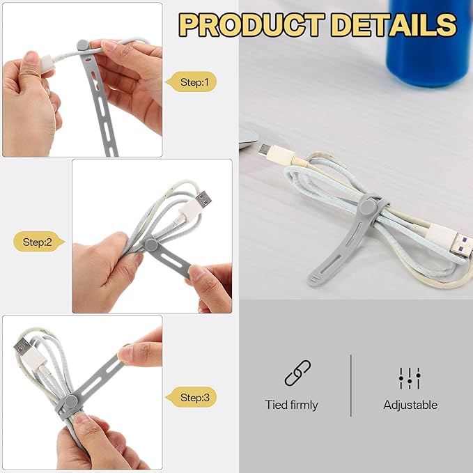 42 Pcs Silicone Cable Ties Reusable Cord Straps Multipurpose Elastic Cable Organizer for Bundling Fastening Earphone Phone Charger Home Office School(Black White Grey)