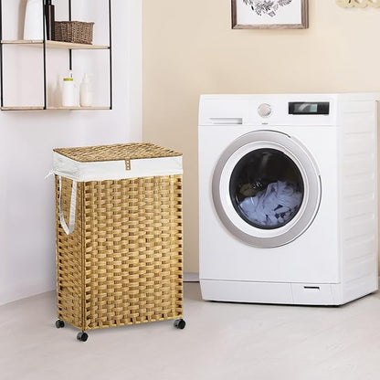 88L Slim Laundry Hamper with Wheels, 23.3 Gallon Rolling Laundry Basket with Lid, Tall and Narrow Laundry Hamper with 2 Removable Liner & 3 Mesh Bags, Laundry Sorter for Bathroom, Natural