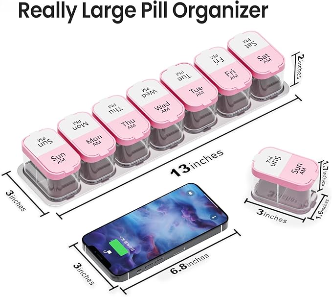 Daviky Extra Large Pill Organizer Weekly, XL Medicine Pill Organizer 2 Times a Day, Big Pill Box 7 Day AM PM for Vitamins, Supplements and Medication