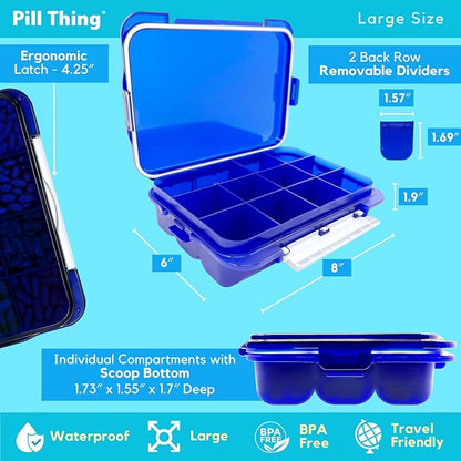 2-Pack Large Pill Organizer – Black + Blue | 12-Compartment Weekly Pill Box Case with Removable Dividers, Waterproof, Travel-Friendly (Combo Pack - 1 Black & 1 Blue)