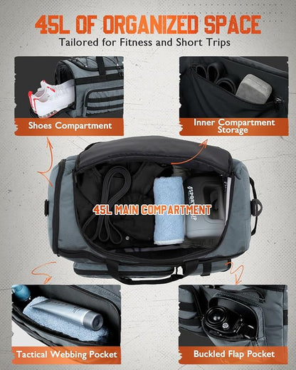 Gonex 45L Duffel Bag for Men, 3 in 1 Convertible Carry Gym Duffle with Shoe Compartment, Tactical Gear Loops, Water-Repellent Lining, Workout & Travel Bag (Gray)