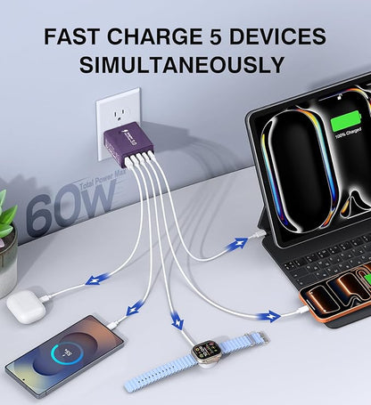 [2-Pack] USB C Wall Charger, 60W Charger Block 5-Port PD Fast Charging Blocks,Multiport 2USB C+3USB A Plug,Type C Power Adapter Brick Cube for iPhone 17/16/15/14/13/Pro,Samsung,for Switch（Purple）