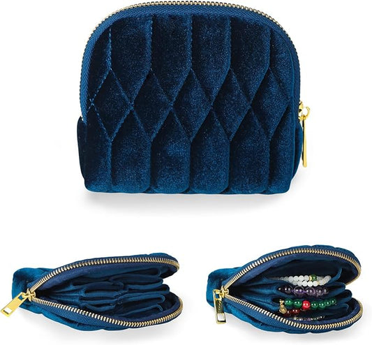 Small Travel Jewelry Case, Mini Travel Jewelry Bag with Zipper, 5-Layer Velvet Organizer Pouch for Bracelet Rings Earrings - Diamond Stitched Velvet Navy Blue