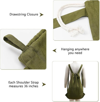 100% Pure Linen Travel Backpack Laundry Bags with Shoulder Straps 20x24in-Washable Drawstring Hanging Laundry Hamper Rxtra Large Portable Cloth Laundry Bag for Dorm College Military Gym-Green