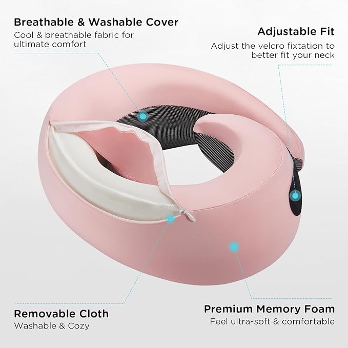 Neck Pillow Airplane,100% Pure Memory FoamTravel Neck Pillow Travel Neck Support Ergonomic &Portable Design Best for Sleeping Plane Car Train Office Flight (Light Pink)