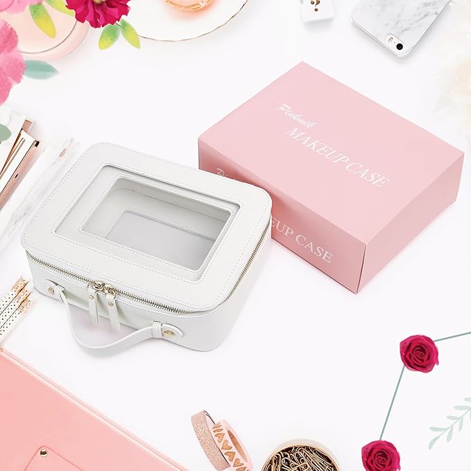 Pinkmik Clear Makeup Bag for Women Waterproof Travel Cosmetics and Toiletries Case Portable Makeup Oaganizer Bag Clear Car Bag with Zipper (White, L)