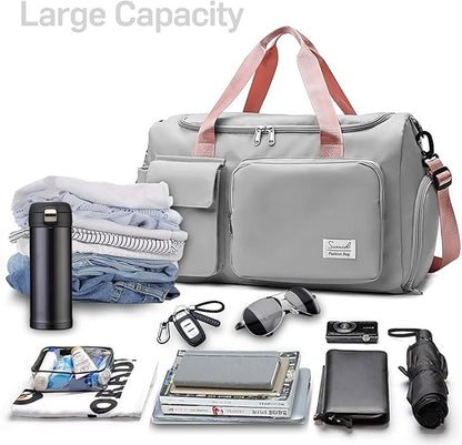Travel Duffel Bag with Shoes Compartment Sports Gym Bag with Dry Wet Separated Pocket for Men and Women, Overnight Bag Weekender Bag Training Handbag Yoga Bag - Gray Pink