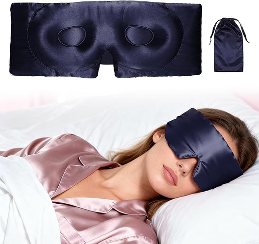 VOCOSTE 22 Momme Pure Silk Sleep Mask with Travel Pouch, 3D Contour Adjustable Blindfold for Side Sleepers, Eyelash Protecting for Natural Lashes & Extensions, Navy Blue