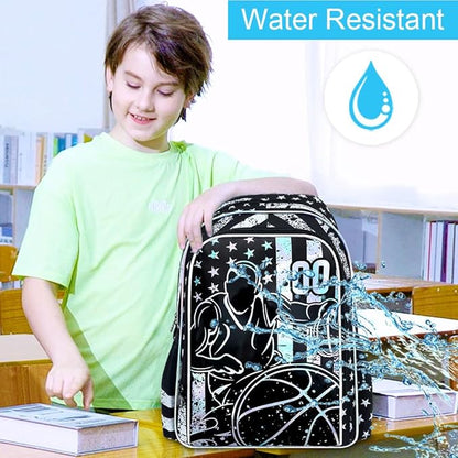 WZLVO 3PCS Basketball Backpack for Boys, 17" Cool UV Printing Kids Bookbag/School Bag with Lunch Box & Pencil Bag for Elementary to Middle - Star-Spangled Basketball