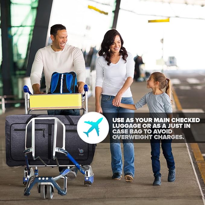 Bago Foldable Duffel Bags for Traveling Women & Men - 60L Medium Packable Duffle Bag for Travel with Shoe Compartment - Water Repellant, Heavy Duty, Lightweight Folding & Collapsible (SnowBlack)