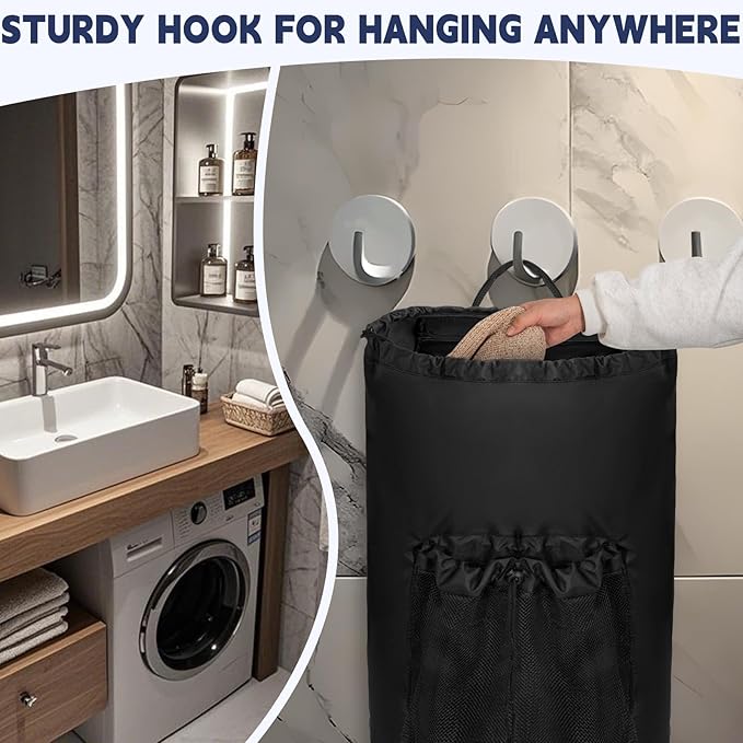 Laundry Bag Backpack with 3 Sizes Mesh Wash Bags and Shoulder Straps Foldable Clothes Hamper Bag with Drawstring Closure for College, Apartment, Laundromat (Black)