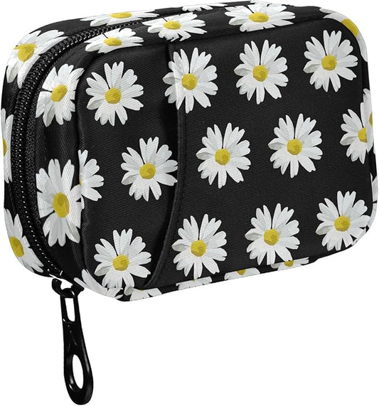 Fustylead White Daisy Travel Pill Organizer Bag with Zipper Small Pill Box 7 Day Pill Case for Purse Storage Weekly Vitamin Medicine Supplement