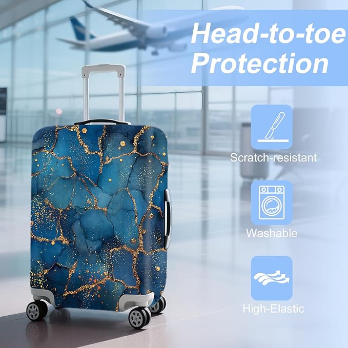 FOREVER QUEEN Blue Gold Luxury Marble Luggage Cover Suitcase Protector Suitcase Cover Anti-Scratch,Stretchable Bag Cover Washable Durable Polyester