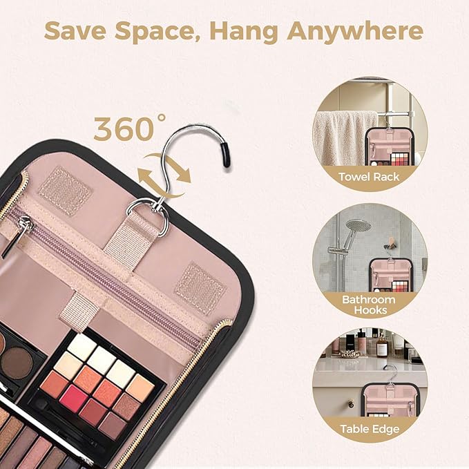 Hanging Toiletry Bag & Makeup Bag for Women with Jewelry Organizer - TSA Approved Large Capacity Travel Cosmetic Organizer, Waterproof Shower Essentials Case with Transparent Pockets, Black