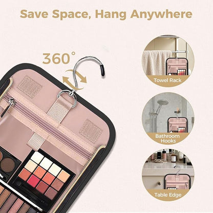 Hanging Toiletry Bag & Makeup Bag for Women with Jewelry Organizer - TSA Approved Large Capacity Travel Cosmetic Organizer, Waterproof Shower Essentials Case with Transparent Pockets, Black