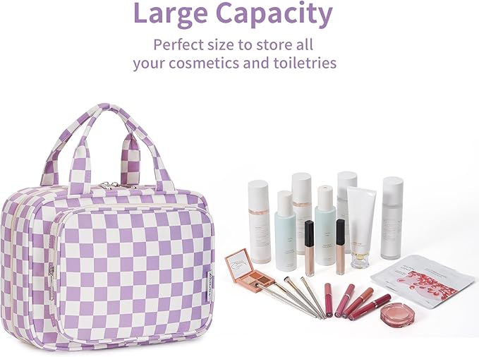 Narwey Hanging Toiletry Bag for Women Travel Makeup Bag Organizer Toiletries Bag for Travel Size Essentials Accessories Cosmetics (Purple Checkerboard (Medium))
